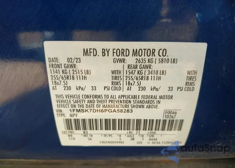 2023 Ford Explorer Xlt из США, поврежденный, VIN 1FMSK7DH6PGA58283